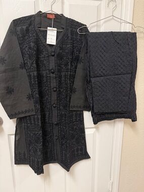 NWT Pakistani Indian NAKSH Black Embroidered Tunic Set